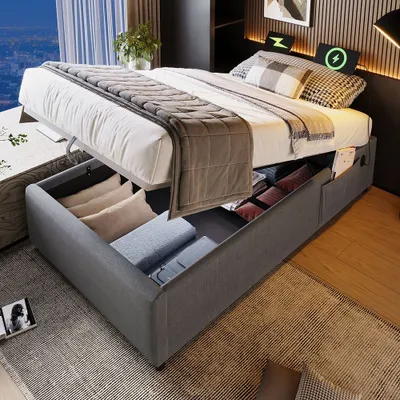 Produktbild von Sweiko Polsterbett Einzelbett 90×200 cm, Struraumbett Bettgestell mit USB- C und Vollflächiger Lattenrost, Ohne Kopfteil, Baumwolle, Grau,Ohne Matratze