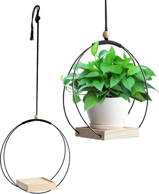 Produktbild von Hängendes Blumentopf Regal mit Innen-Hängenden Blumentöpfen, Balkon-Dekoration, Pflanzen, Wohnzimmer, Holz-Regal, Blumenampel(rund*schwarz)