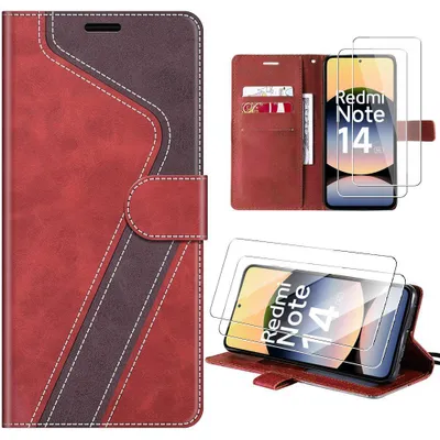 Image de Coque + 2 Verres Trempés pour Xiaomi Redmi Note 14 5G, Anti-Rayures Effet Cuir Élégant Rouge Marron