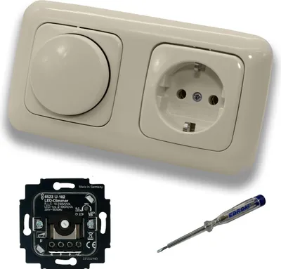 Produktbild von Busch Jäger 6523U-102 LED Drehdimmer Dimmer + Dimmerscheibe 2115-212 und Steckdose 20EUC-212 in DURO2000 cremeweiß glänzend inklusive EBROM Phasenprüfer zur Montage der Geräte 6523 U – 102