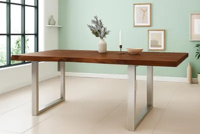 Produktbild von Esstisch Baumkante Akazie massiv 50mm Nussbaum 180 x 90 cm U-Gestell silber CALI