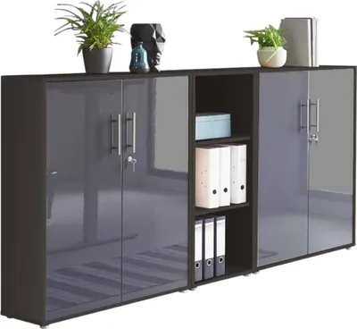 Produktbild von Aktenschrank TABOR 8 in anthrazit / anthrazit Hochglanz, Schrankwand, Büroschrank, abschließbar, Metallgriffe
