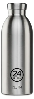 A silver metal water bottle with a logo and text on it, isolated on a white background.