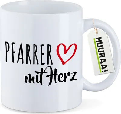 Produktbild von Huuraa Kaffeetasse Pfarrer mit Herz 330ml Weiß Keramik Kaffeebecher Geschenkidee