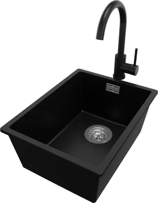 Produktbild von PRIMAGRAN Granitspüle Schwarz 36x47cm, Spülbecken 1 Becken + Küchenarmatur 32x20cm + Ablauf-Set, Küchenspüle ab 40er Unterschrank - London Slim