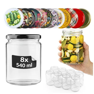 Produktbild von SuperButelki - 8x Glasgläser 540 ml mit Schraubverschluss Ø 82 mm, Gläserset 0,54 l Deckel, für Konfitüren, Marmeladen, Gläserset 0,54 l