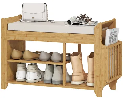 Produktbild von Schuhbank - Flurbank mit Stauraum - Bambusgestell - Gepolsterte Sitzfläche - Seitliche Ablagefächer Schuhregal - Natur und Beige