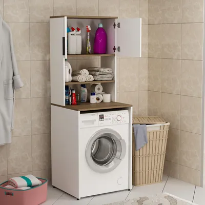 Produktbild von Homidea MIA Waschmaschinenschrank - Badezimmer Hochschrank -Überbauschrank für Waschmaschine und Wäschetrockner für Küche und Badezimmer 182.1 x 65 x 60 cm (Weiß/Eiche)