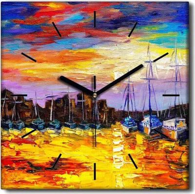 Produktbild von Coloray Uhr auf Leinwand 30x30 cm Wand Uhr Dekoration Wohnzimmer Segeltuch schwarze Hände -Boots-Sonnenuntergang