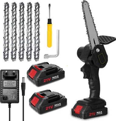 Produktbild von Kettensäge, 6 Zoll 21V Elektro-Kettensäge, Tragbare Akku Kettensäge mit 2x Batterie 5x Kette 1x Führungsplatte und 1x Ladegerät, Bürstenmotor für Gartenarbeit Baumbeschneidung Holzschneiden, Schwarz
