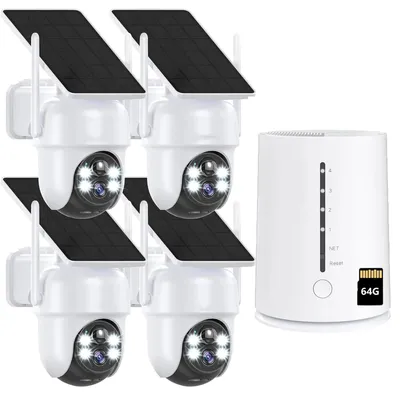 Produktbild von 4MP Überwachungskamera Aussen Solar Akku 4er Set mit HomeBase 360° Schwenk mit 2K Farb-Nachtsicht 365Tage mit 64GB Lokalspeicher Kabellos Kamera