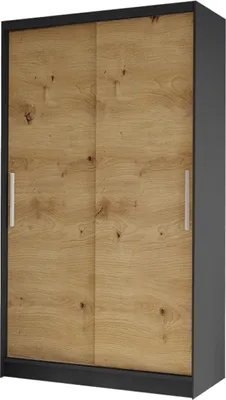A front view of a sliding door wardrobe with a wood grain finish and black frame.