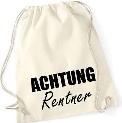 Produktbild von Huuraa Turnbeutel Achtung Rentner Schriftzug 12 Liter Natural Baumwolle Rucksack Geschenkidee