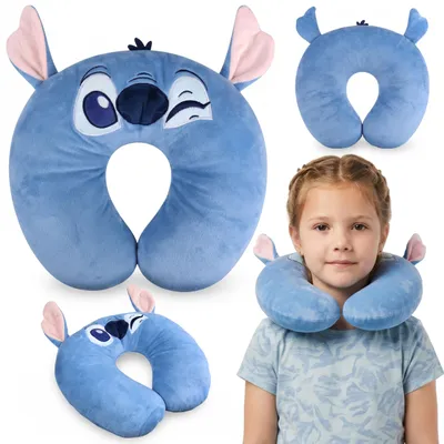 Produktbild von DISNEY Stitch blaues Reisekissen, Nackenhörnchen fürs Flugzeug, Kopfstütze fürs Auto