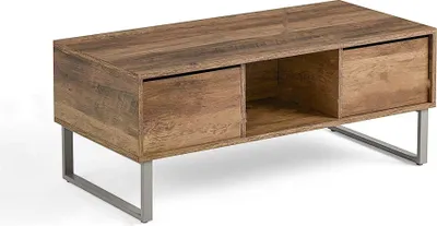 A modern coffee table with a wood-like finish and metal legs, shown against a white background.