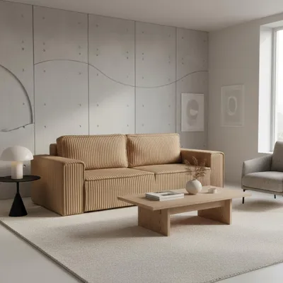 Produktbild von Wohnero24 Modernes Sofa MARVIN 233 x 104 cm – Hochwertiger, gemütlicher Cordstoff – Schlaffunktion 185 x 155 cm – Farbe: Hellbraun