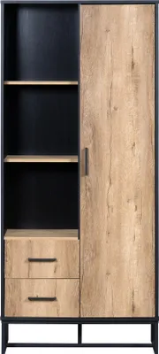 Zdjęcie produktu dla Szafka 80x40x180 cm - wygląd drewna z czarną ramą, z drzwiami, 2 szufladami i 3 otwartymi przegrodami - wszechstronna przestrzeń do przechowywania w salonie, biurze i przedpokoju,