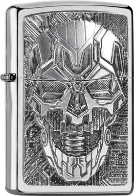 Produktbild von Zippo Feuerzeug Skull Trick Technik chrom gebürstet mit Transformers-Plakette
