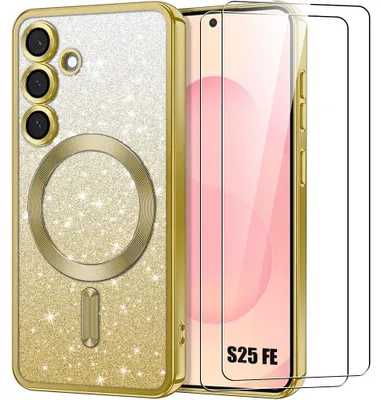 Image de Coque + 2 Verres Trempés pour Samsung Galaxy S25 FE, Protection à Paillettes avec Cercle Magnétique et Film Caméra - Doré