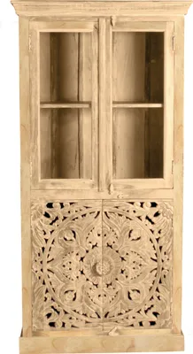 A full-front view of a wooden vitrine with glass doors on top and carved wooden doors on the bottom, set against a white background.