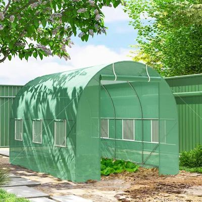 Produktbild von SUGIFT Foliengewächshaus Tomatenhaus, Gewächshaus 350x200x200 cm, Folientunnel PE verzinkter Stahl, Grün  |  Erdanker & Seile inklusive  |  6 Fenster