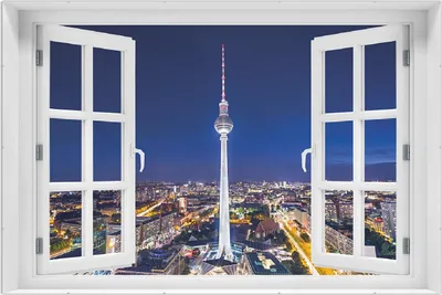 Produktbild von Wallario Wandbild mit Fenster-Illusion: Fernsehturm Berlin bei Nacht, Größe: 61 x 91,5 cm, Poster mit rahmenlosen Bildhalter