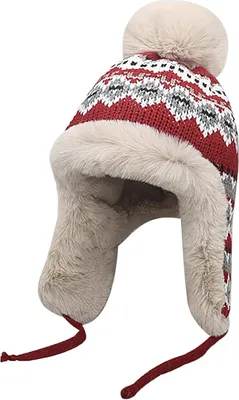 Produktbild von Mütze Damen Strickmütze mit Kunstpelz Bommel Wintermütze Warm Winddichte Verdickte Skimütze Doppellagig Gefütterte Beanie Mütze Kunstpelz