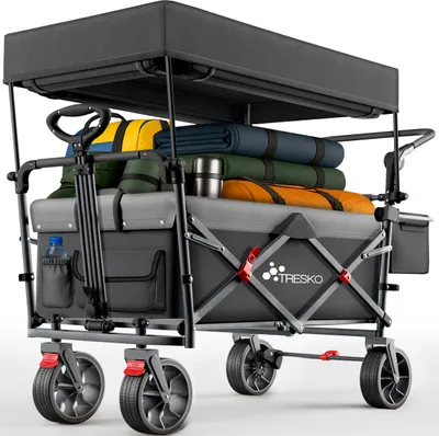 Produktbild von TRESKO® Bollerwagen Faltbar mit Dach Schwarz, Kühlfach & Seitenrollos | Handwagen max. belastbar bis 150kg | Transportwagen mit Vollgummireifen & Feststellbremsen (Vorne & Hinten) und 3-Punkt-Gurt