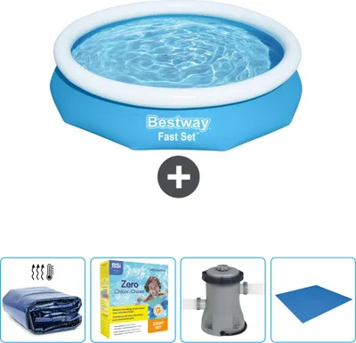 Immagine prodotto di Piscina gonfiabile rotonda Bestway a presa rapida - 305 x 66 cm - blu - include tenda da sole - pacchetto manutenzione - pompa - telo di fondo