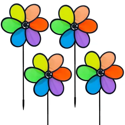 Productafbeelding van Windmolentjes, bloemvorm, 4 stuks, 24 cm, regenboogkleuren, voor tuin decoratie