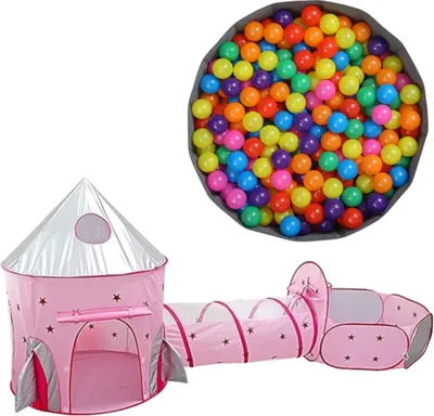 Produktbild von 3er Set Märchen Spielzelt für Kinder, Kinderspielzelt für Innen mit Tunnel, Bällebad + bunte Plastikbälle - MAGICDIVEPINK