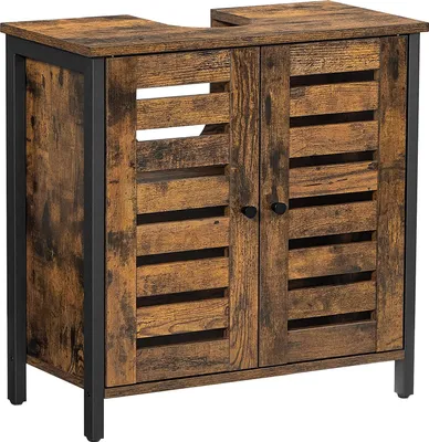 A product shot of a bathroom vanity cabinet with two slatted doors and a metal frame.