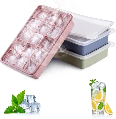 Produktbild von Silikon-Eiswürfelformen – Set mit 3 – 15 Eiswürfelformen mit Deckel – BPA-frei und stapelbar – Eiswürfelformen für Whisky, Cocktails und Saft