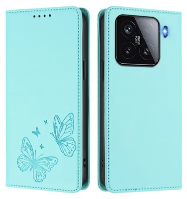 Obrázek produktu pro Kožené pouzdro pro Xiaomi 15, motýlí ražbou, peněženkové flip pouzdro se stojánkem Mátově zelená
