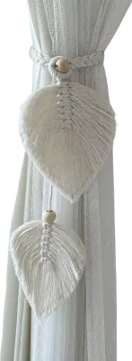 Produktbild von Raffhalter für Vorhänge im Boho-Stil, handgestrickt, aus Baumwollleinen, mit verstellbaren Holzperlen, Doppelblättern