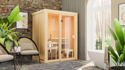 Produktbild von Karibu Sauna Innensauna Avari 1 Fronteinstieg Ofen 3,6 kW -Ofen externe Strg. easy 155x122x198 cm ohne Dachkranz