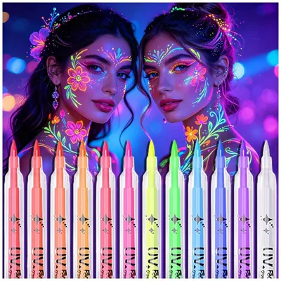 Produktbild von 12 Schwarzlicht Schminkstifte Neon Körperfarbe fluoreszierend für Party Halloween