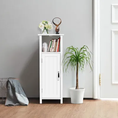 Zdjęcie produktu dla COSTWAY biała szafka łazienkowa, drewniana szafka łazienkowa, szafka łazienkowa z regulowaną półką, wielofunkcyjna szafka idealna do sypialni, kuchni, łazienki, salonu, przedpokoju