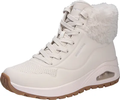 A single white high-top sneaker with fur trim.