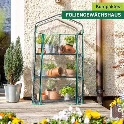 A small greenhouse filled with potted plants on a wooden deck, next to a wall.