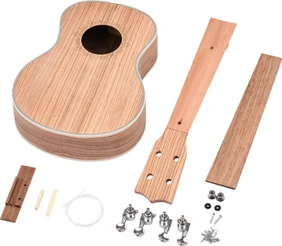 Zdjęcie produktu dla Zestaw do samodzielnego montażu 26-calowego ukulele tenorowego – 4-strunowa gitara hawajska, korpus z drewna zebrano, progi z rozetą, z kołkami strojącymi, strunami, mostkiem, siodełkiem, kołkiem końcowym i śrubą.