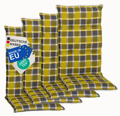 Produktbild von NYVI Gartenstuhl Auflagen Hochlehner 4er Set Barcelona - UV-Beständig, Atmungsaktiv, Strapazierfähig - Hochlehnerauflagen Sitzkissen Outdoor - Sitzauflagen für Gartenstühle 118x50cm Karo Gelb Grau