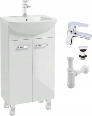 Zdjęcie produktu dla Szafka Łazienkowa z Umywalką Stojąca 45 Biała Połysk + Bateria Sigma Chrom