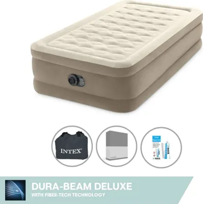 Produktbild von Intex Luftbett - 1 Person - 99 x 191 x 46 cm - Beige - Mit eingebauter Pumpe, Spannbettlaken Anthrazit en Reperaturset