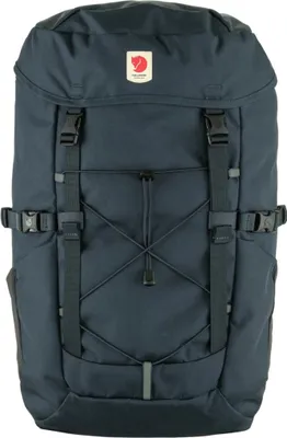 A front view of a dark blue backpack.