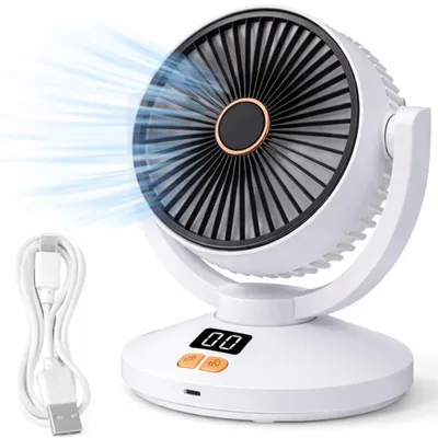 Image de Verk 16046 Ventilateur de table sans fil avec minuterie, 9 W, USB-C, blanc