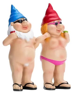 Immagine prodotto di 2 gnomi da giardino scortesi, statue per il giardino, dipinti a mano e resistenti