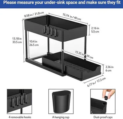 Image de Ensemble de 2 tiroirs pour placard de cuisine - Rangement multifonctionnel pour la cuisine - Placard à 2 portes avec tiroirs coulissants - Boîtes de rangement - Rangement pour placard de cuisine 40 x 22 x 31 cm - Rangement coulissant pour ustensiles de cuisine