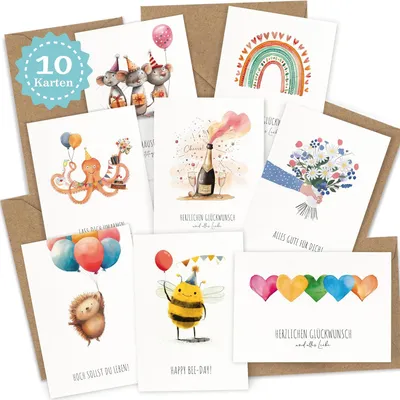 Produktbild von Geburtstagskarten Set 10 Stück, mit Umschlägen und Aufklebern, Faltkarten für Geburtstag, für Freunde