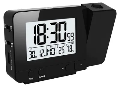 Projektionswecker mit Doppelalarm, Temperatur, Luftfeuchtigkeit, USB, Schwarz